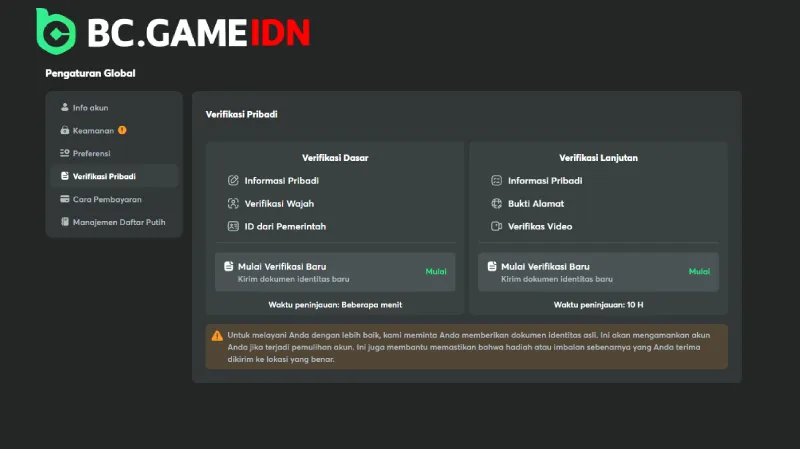 Halaman Pengaturan Global untuk Verifikasi Pribadi - Proses KYC BC Game Indonesia