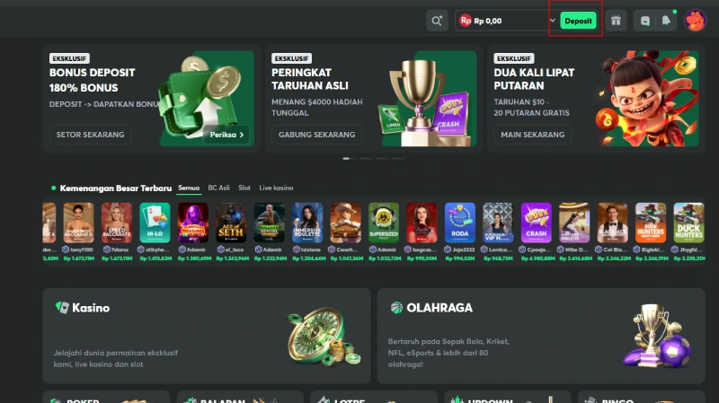 Langkah 1 Masuk ke Halaman Deposit - BC Game