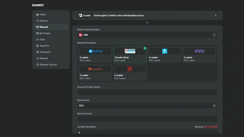 Langkah 2 Pilih Metode Penarikan dan Isi Data Rekening - BC Game Indonesia