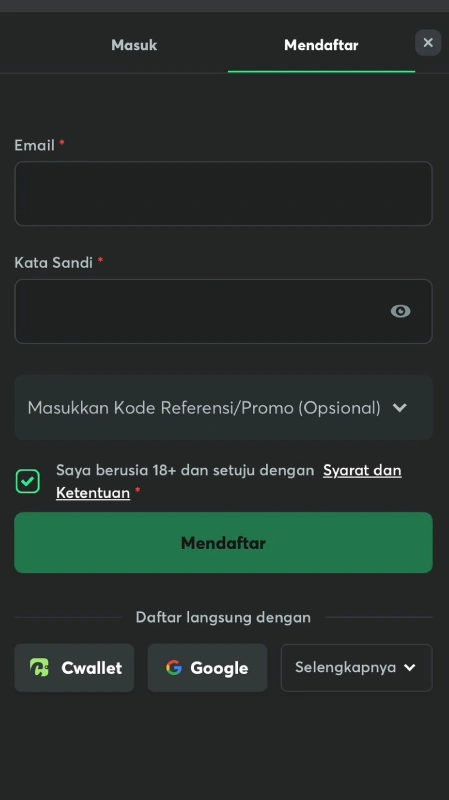 Form Daftar di BC Game